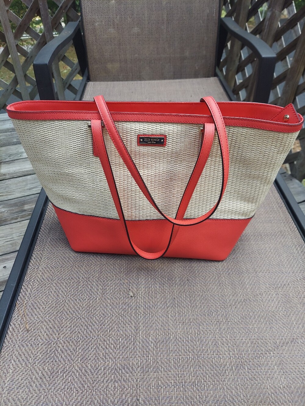 kate spade Coral and Natural Straw Tote